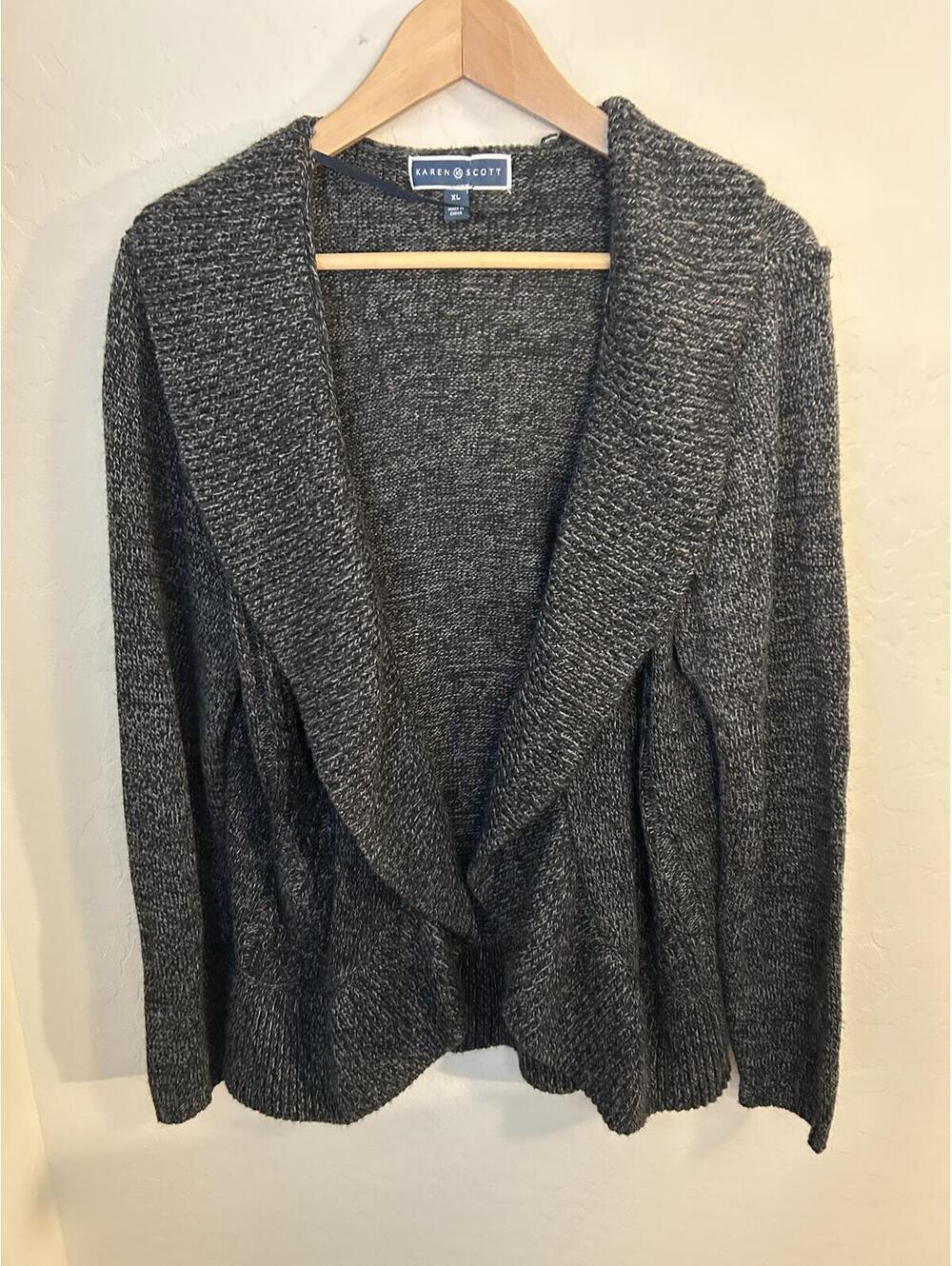 Karen Scott Open Front Marled Knit Cardigan Sweater Women’s XL Black Gray